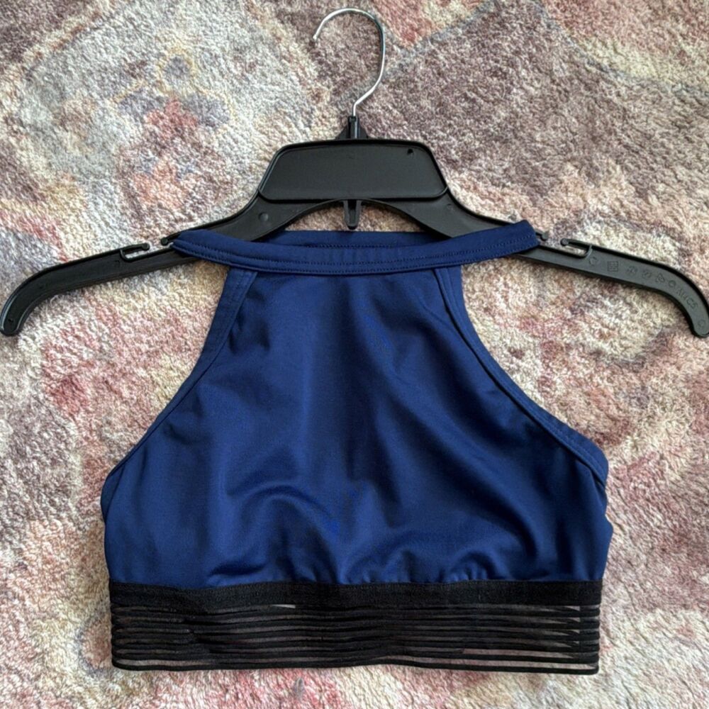 Victoria Sport High Neck Mesh Sports Bra Navy Blue XS Black Striped Band